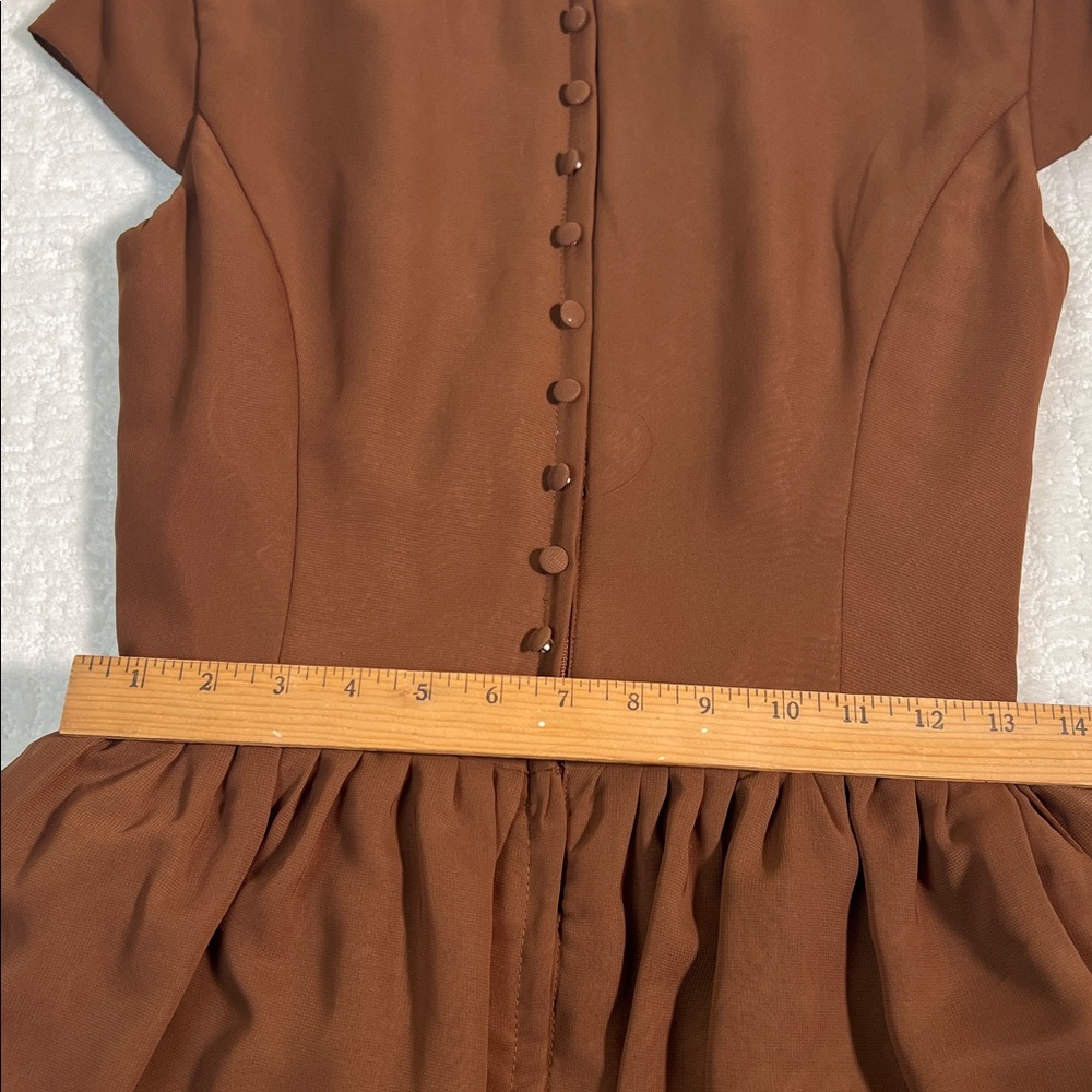 Vintage Dress First brown flare layered short cap sleeves covered buttons retro - Picture 9 of 12